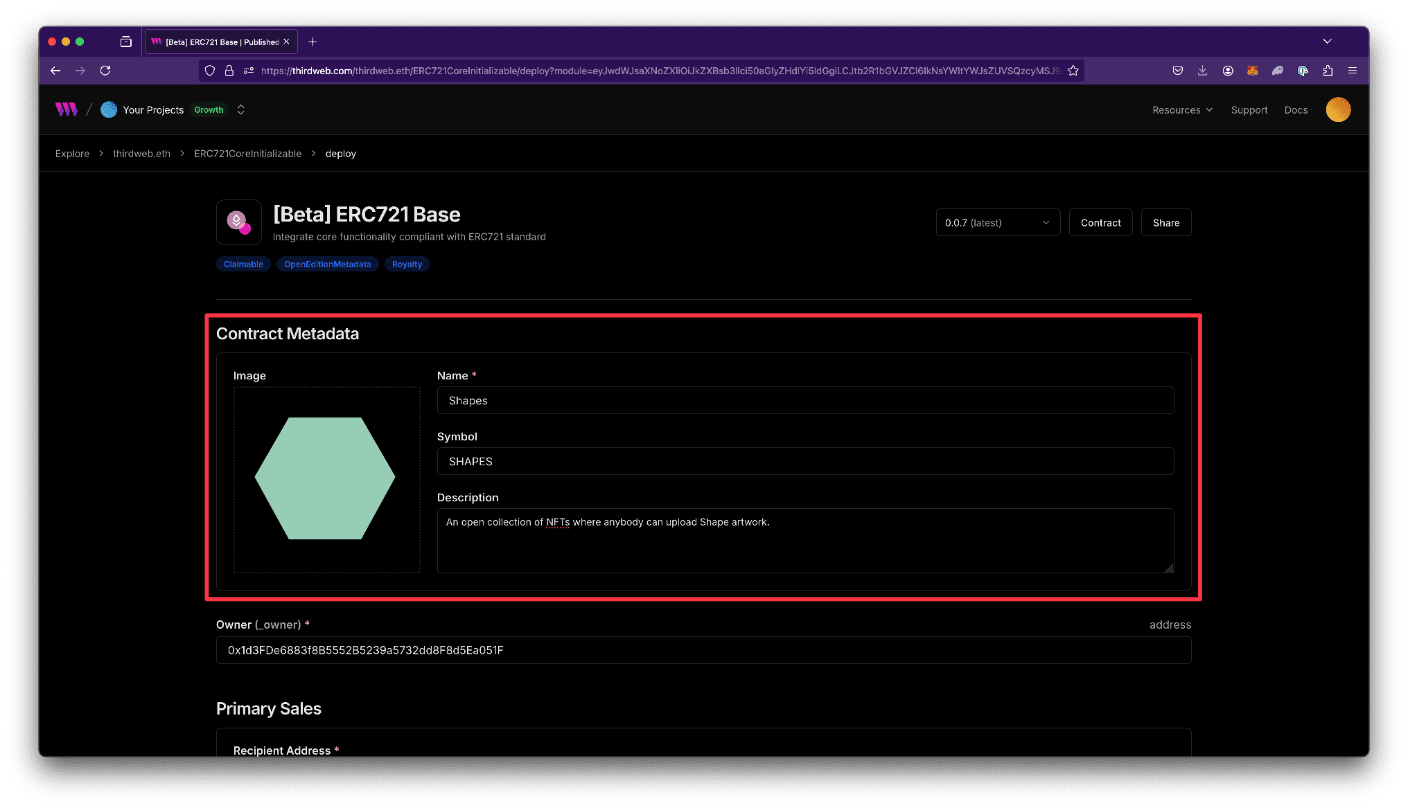 Screenshot of Open Edition configure metadata